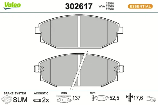 Bremsbelagsatz, Scheibenbremse Vorderachse VALEO 302617 Bild Bremsbelagsatz, Scheibenbremse Vorderachse VALEO 302617