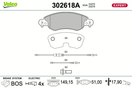 Bremsbelagsatz, Scheibenbremse Vorderachse VALEO 302618A Bild Bremsbelagsatz, Scheibenbremse Vorderachse VALEO 302618A