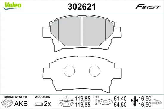 Bremsbelagsatz, Scheibenbremse Vorderachse VALEO 302621 Bild Bremsbelagsatz, Scheibenbremse Vorderachse VALEO 302621