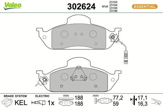 Bremsbelagsatz, Scheibenbremse Vorderachse VALEO 302624 Bild Bremsbelagsatz, Scheibenbremse Vorderachse VALEO 302624
