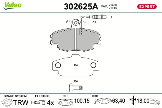 Bremsbelagsatz, Scheibenbremse Vorderachse VALEO 302625A Bild Bremsbelagsatz, Scheibenbremse Vorderachse VALEO 302625A