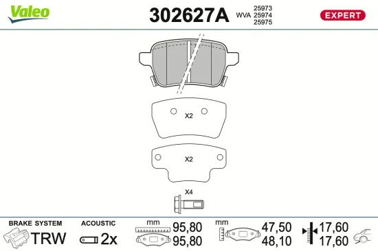 Bremsbelagsatz, Scheibenbremse Hinterachse VALEO 302627A Bild Bremsbelagsatz, Scheibenbremse Hinterachse VALEO 302627A