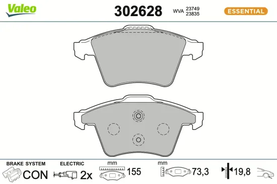 Bremsbelagsatz, Scheibenbremse Vorderachse VALEO 302628 Bild Bremsbelagsatz, Scheibenbremse Vorderachse VALEO 302628
