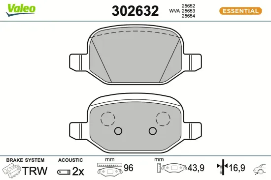 Bremsbelagsatz, Scheibenbremse Hinterachse VALEO 302632 Bild Bremsbelagsatz, Scheibenbremse Hinterachse VALEO 302632