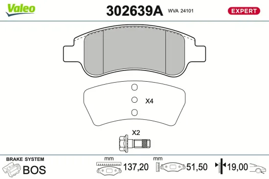 Bremsbelagsatz, Scheibenbremse Vorderachse VALEO 302639A Bild Bremsbelagsatz, Scheibenbremse Vorderachse VALEO 302639A
