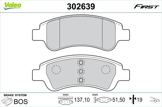 Bremsbelagsatz, Scheibenbremse Vorderachse VALEO 302639 Bild Bremsbelagsatz, Scheibenbremse Vorderachse VALEO 302639