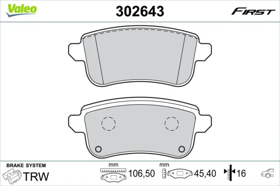 Bremsbelagsatz, Scheibenbremse Hinterachse VALEO 302643 Bild Bremsbelagsatz, Scheibenbremse Hinterachse VALEO 302643