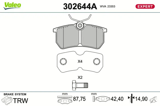 Bremsbelagsatz, Scheibenbremse Hinterachse VALEO 302644A Bild Bremsbelagsatz, Scheibenbremse Hinterachse VALEO 302644A