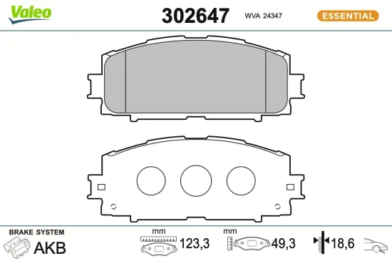 Bremsbelagsatz, Scheibenbremse Vorderachse VALEO 302647 Bild Bremsbelagsatz, Scheibenbremse Vorderachse VALEO 302647