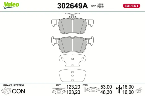 Bremsbelagsatz, Scheibenbremse Hinterachse VALEO 302649A Bild Bremsbelagsatz, Scheibenbremse Hinterachse VALEO 302649A