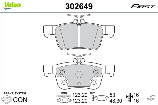Bremsbelagsatz, Scheibenbremse Hinterachse VALEO 302649 Bild Bremsbelagsatz, Scheibenbremse Hinterachse VALEO 302649