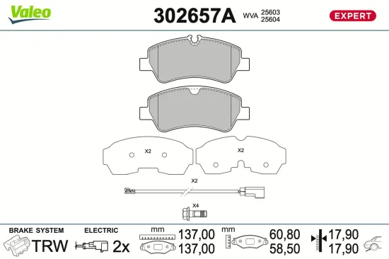 Bremsbelagsatz, Scheibenbremse Hinterachse VALEO 302657A Bild Bremsbelagsatz, Scheibenbremse Hinterachse VALEO 302657A