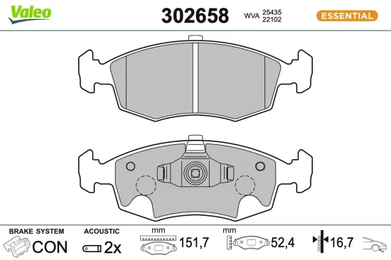 Bremsbelagsatz, Scheibenbremse Vorderachse VALEO 302658 Bild Bremsbelagsatz, Scheibenbremse Vorderachse VALEO 302658