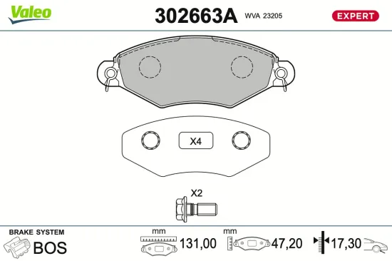 Bremsbelagsatz, Scheibenbremse Vorderachse VALEO 302663A Bild Bremsbelagsatz, Scheibenbremse Vorderachse VALEO 302663A