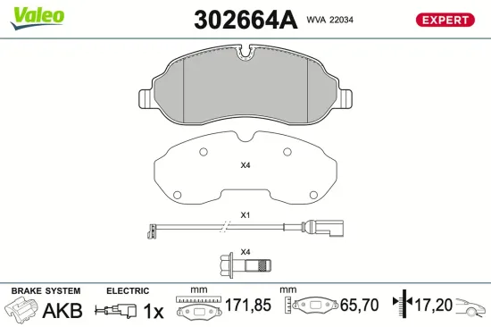 Bremsbelagsatz, Scheibenbremse Vorderachse VALEO 302664A Bild Bremsbelagsatz, Scheibenbremse Vorderachse VALEO 302664A