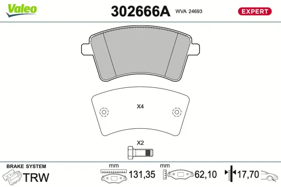 Bremsbelagsatz, Scheibenbremse Vorderachse VALEO 302666A Bild Bremsbelagsatz, Scheibenbremse Vorderachse VALEO 302666A