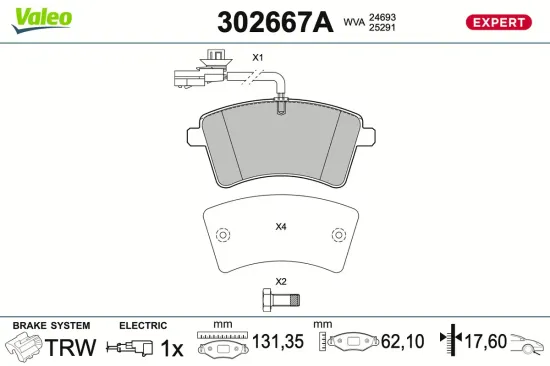 Bremsbelagsatz, Scheibenbremse Vorderachse VALEO 302667A Bild Bremsbelagsatz, Scheibenbremse Vorderachse VALEO 302667A