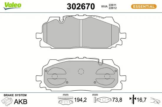 Bremsbelagsatz, Scheibenbremse Vorderachse VALEO 302670 Bild Bremsbelagsatz, Scheibenbremse Vorderachse VALEO 302670