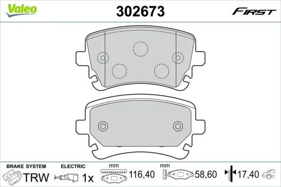 Bremsbelagsatz, Scheibenbremse Hinterachse VALEO 302673 Bild Bremsbelagsatz, Scheibenbremse Hinterachse VALEO 302673
