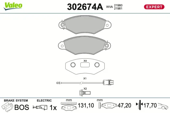 Bremsbelagsatz, Scheibenbremse Vorderachse VALEO 302674A Bild Bremsbelagsatz, Scheibenbremse Vorderachse VALEO 302674A