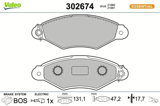 Bremsbelagsatz, Scheibenbremse Vorderachse VALEO 302674 Bild Bremsbelagsatz, Scheibenbremse Vorderachse VALEO 302674