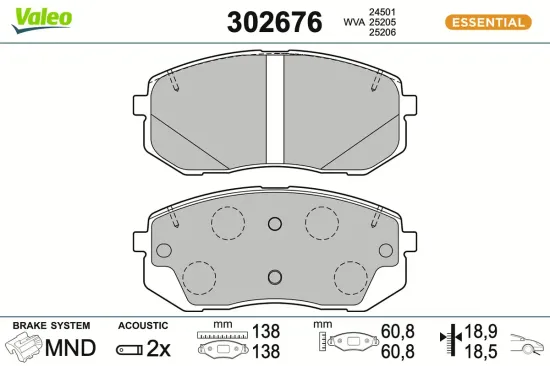 Bremsbelagsatz, Scheibenbremse Vorderachse VALEO 302676 Bild Bremsbelagsatz, Scheibenbremse Vorderachse VALEO 302676