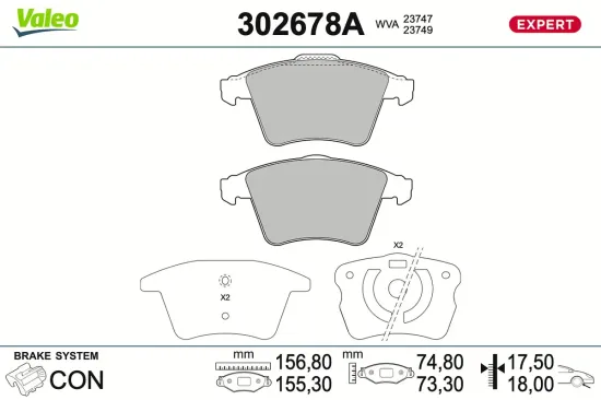Bremsbelagsatz, Scheibenbremse Vorderachse VALEO 302678A Bild Bremsbelagsatz, Scheibenbremse Vorderachse VALEO 302678A