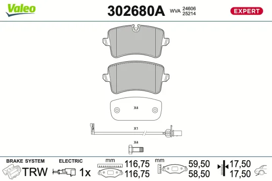 Bremsbelagsatz, Scheibenbremse Hinterachse VALEO 302680A Bild Bremsbelagsatz, Scheibenbremse Hinterachse VALEO 302680A