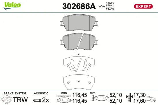 Bremsbelagsatz, Scheibenbremse Vorderachse VALEO 302686A Bild Bremsbelagsatz, Scheibenbremse Vorderachse VALEO 302686A