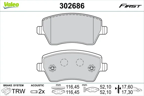 Bremsbelagsatz, Scheibenbremse Vorderachse VALEO 302686 Bild Bremsbelagsatz, Scheibenbremse Vorderachse VALEO 302686