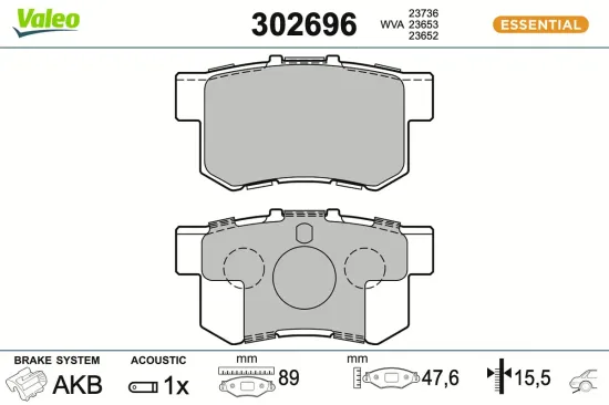 Bremsbelagsatz, Scheibenbremse Hinterachse VALEO 302696 Bild Bremsbelagsatz, Scheibenbremse Hinterachse VALEO 302696