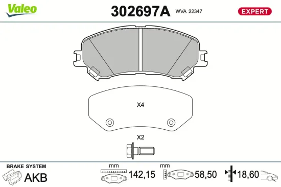 Bremsbelagsatz, Scheibenbremse Vorderachse VALEO 302697A Bild Bremsbelagsatz, Scheibenbremse Vorderachse VALEO 302697A