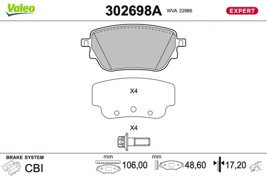 Bremsbelagsatz, Scheibenbremse Hinterachse VALEO 302698A Bild Bremsbelagsatz, Scheibenbremse Hinterachse VALEO 302698A