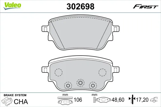 Bremsbelagsatz, Scheibenbremse Hinterachse VALEO 302698 Bild Bremsbelagsatz, Scheibenbremse Hinterachse VALEO 302698