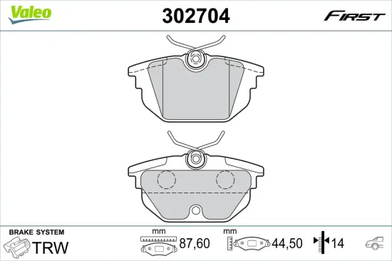 Bremsbelagsatz, Scheibenbremse Hinterachse VALEO 302704 Bild Bremsbelagsatz, Scheibenbremse Hinterachse VALEO 302704
