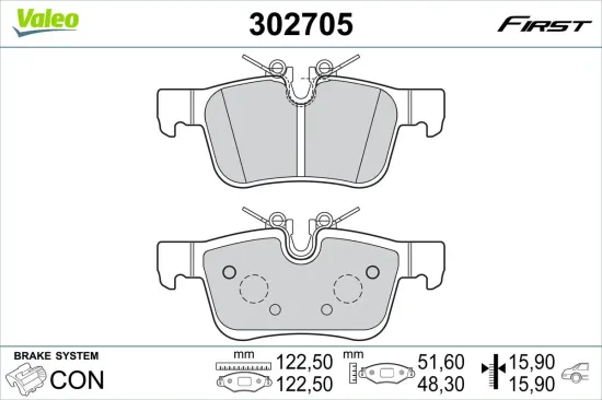 Bremsbelagsatz, Scheibenbremse Hinterachse VALEO 302705 Bild Bremsbelagsatz, Scheibenbremse Hinterachse VALEO 302705