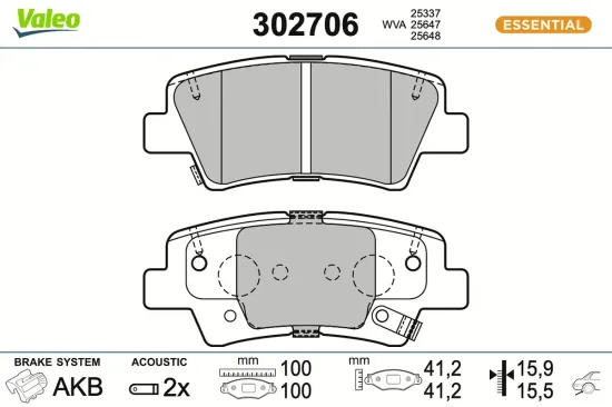 Bremsbelagsatz, Scheibenbremse Hinterachse VALEO 302706 Bild Bremsbelagsatz, Scheibenbremse Hinterachse VALEO 302706