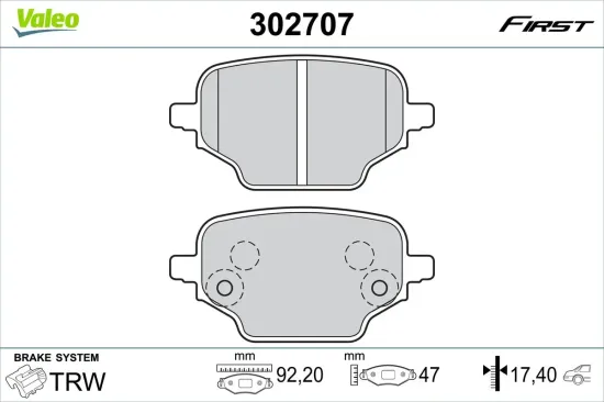 Bremsbelagsatz, Scheibenbremse Hinterachse VALEO 302707 Bild Bremsbelagsatz, Scheibenbremse Hinterachse VALEO 302707