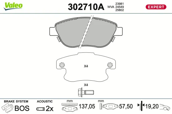 Bremsbelagsatz, Scheibenbremse Vorderachse VALEO 302710A Bild Bremsbelagsatz, Scheibenbremse Vorderachse VALEO 302710A