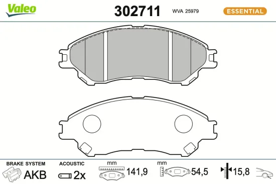 Bremsbelagsatz, Scheibenbremse Vorderachse VALEO 302711 Bild Bremsbelagsatz, Scheibenbremse Vorderachse VALEO 302711
