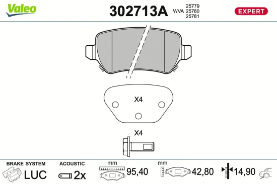 Bremsbelagsatz, Scheibenbremse Hinterachse VALEO 302713A Bild Bremsbelagsatz, Scheibenbremse Hinterachse VALEO 302713A