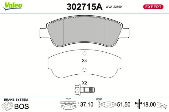 Bremsbelagsatz, Scheibenbremse Vorderachse VALEO 302715A Bild Bremsbelagsatz, Scheibenbremse Vorderachse VALEO 302715A