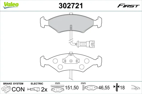 Bremsbelagsatz, Scheibenbremse Vorderachse VALEO 302721 Bild Bremsbelagsatz, Scheibenbremse Vorderachse VALEO 302721