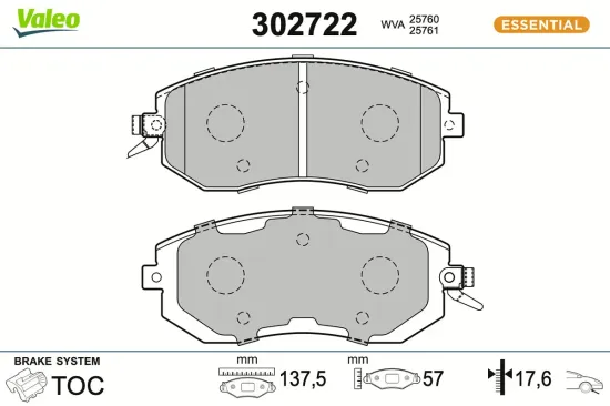 Bremsbelagsatz, Scheibenbremse Vorderachse VALEO 302722 Bild Bremsbelagsatz, Scheibenbremse Vorderachse VALEO 302722