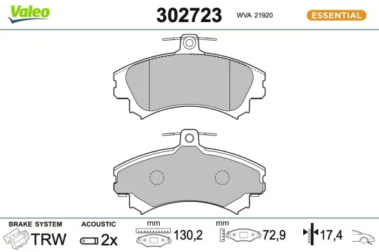 Bremsbelagsatz, Scheibenbremse Vorderachse VALEO 302723 Bild Bremsbelagsatz, Scheibenbremse Vorderachse VALEO 302723