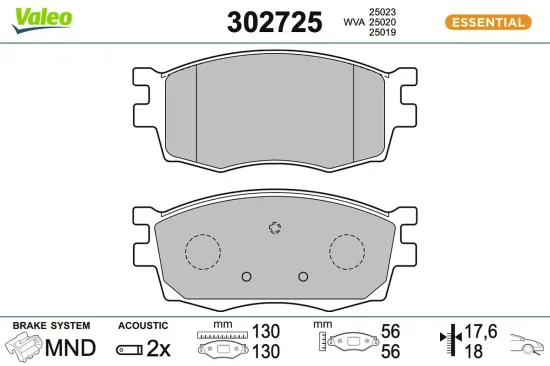 Bremsbelagsatz, Scheibenbremse Vorderachse VALEO 302725 Bild Bremsbelagsatz, Scheibenbremse Vorderachse VALEO 302725