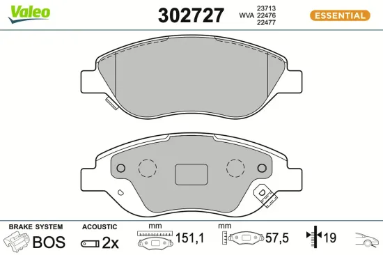 Bremsbelagsatz, Scheibenbremse Vorderachse VALEO 302727 Bild Bremsbelagsatz, Scheibenbremse Vorderachse VALEO 302727
