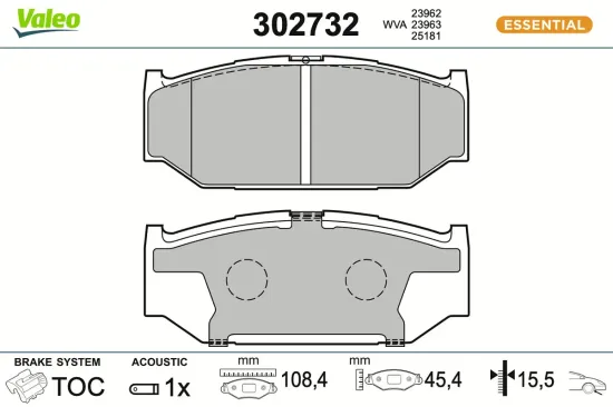 Bremsbelagsatz, Scheibenbremse Vorderachse VALEO 302732 Bild Bremsbelagsatz, Scheibenbremse Vorderachse VALEO 302732