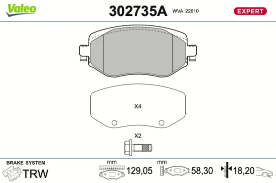 Bremsbelagsatz, Scheibenbremse Vorderachse VALEO 302735A Bild Bremsbelagsatz, Scheibenbremse Vorderachse VALEO 302735A