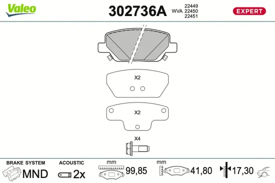 Bremsbelagsatz, Scheibenbremse Hinterachse VALEO 302736A Bild Bremsbelagsatz, Scheibenbremse Hinterachse VALEO 302736A